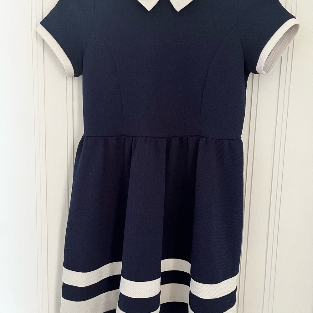 Girls Navy Dress with White Collar and Stripe Hem